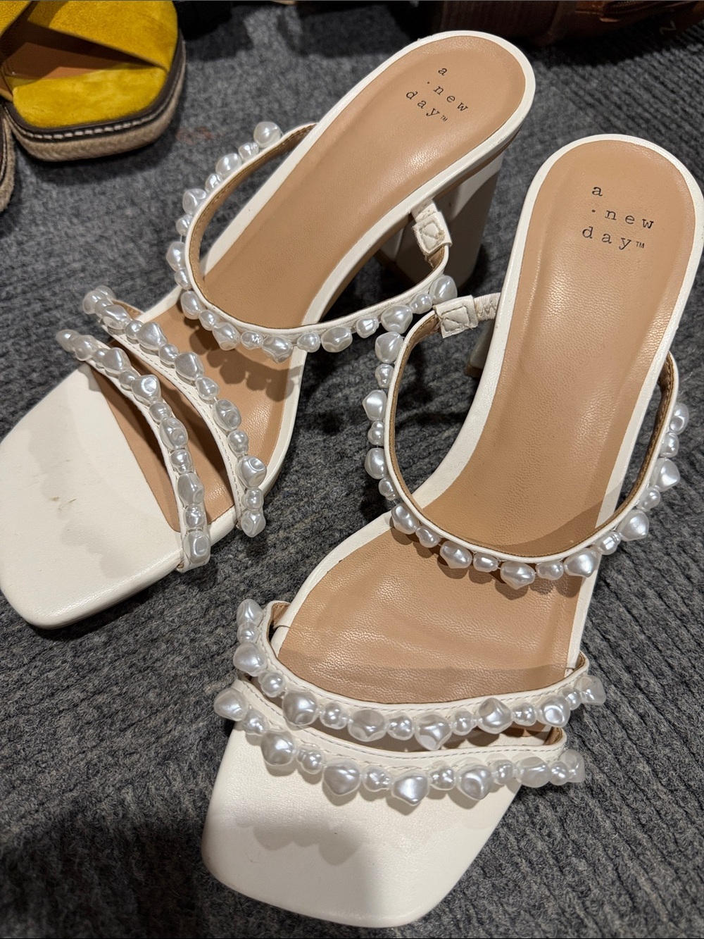 a new day White Pearl-Strap Block Heel Sandals